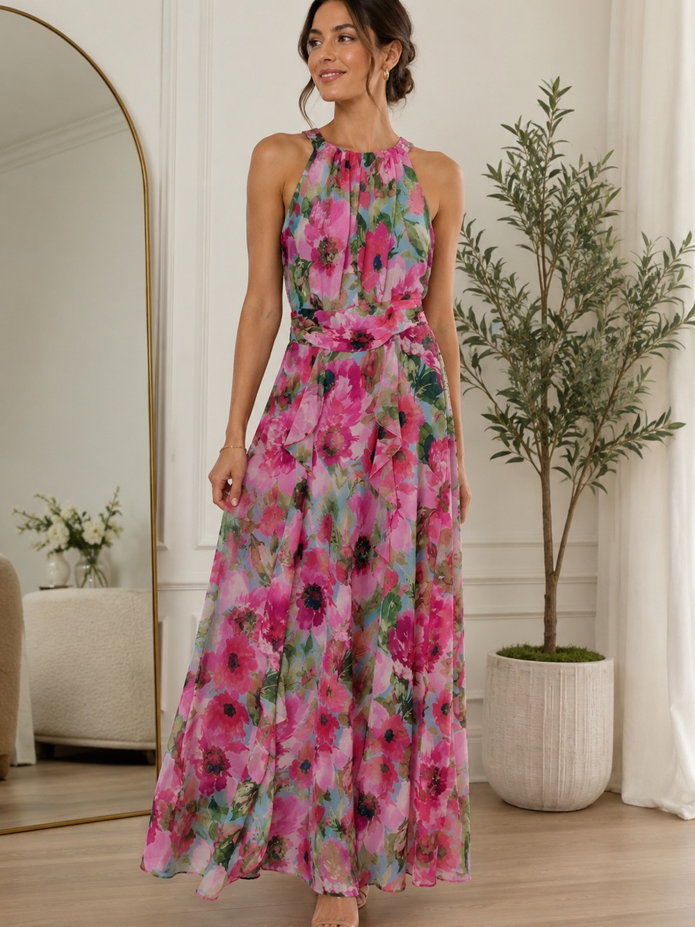 NWT Xscape Floral Print Ruffle Maxi Gown Size 14